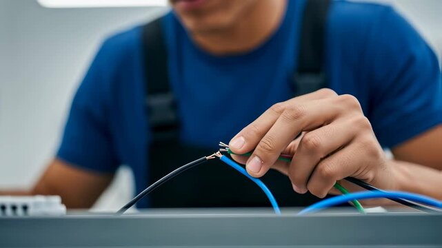 Young focused electrician working on electrical installation, carefully cutting and connecting wires with pliers in a workshop, demonstrating precision and expertise in electrical work