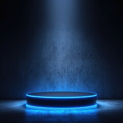 Stunning photo of background podium 3D light neon blue platform stage product abstract. Scene background 3D podium dark pedestal room glow studio empty stand floor night modern.