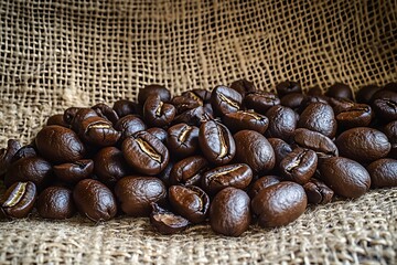Ultra-realistic roasted coffee beans scattered on white background