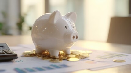 The piggy bank surrounded by coins on financial documents in soft lighting.