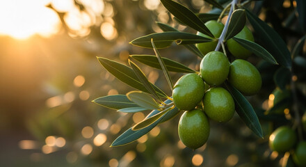 A branch of fresh green olives growing on an olive tree, with the warm light of the setting sun providing a beautiful glow, perfect for Mediterranean concepts