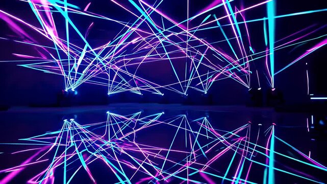 vibrant looped animation with glowing purple and blue laser beams illuminating futuristic environment sleek digital floor reflects colorful lights in modern sci fi studio perfect for virtual sets