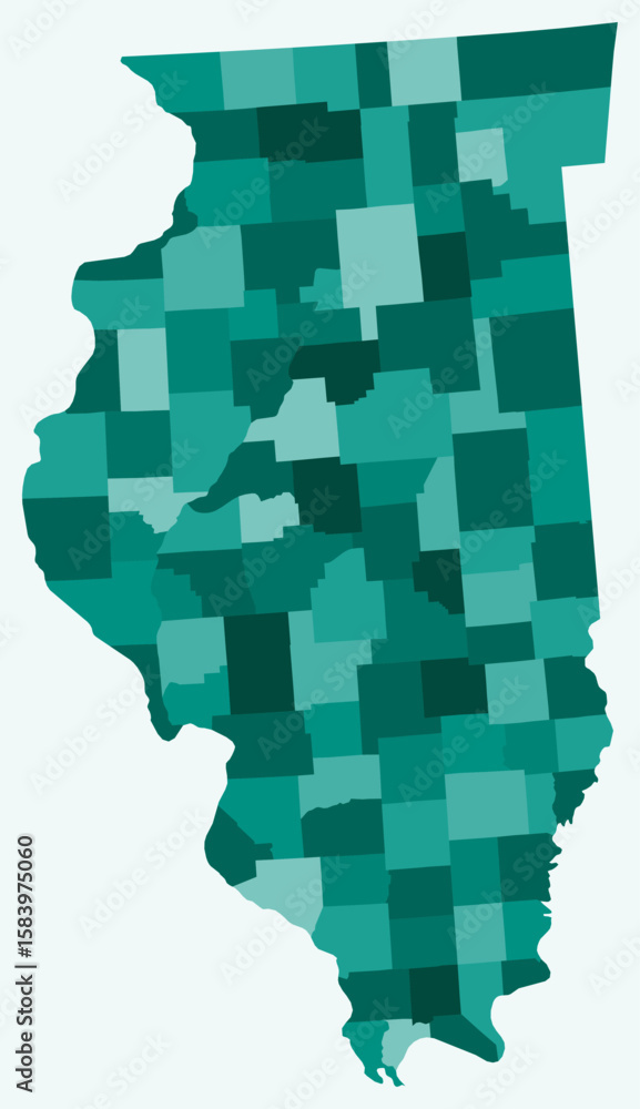 Poster map of illinois with counties. just a simple state border map with county division. teal color palet