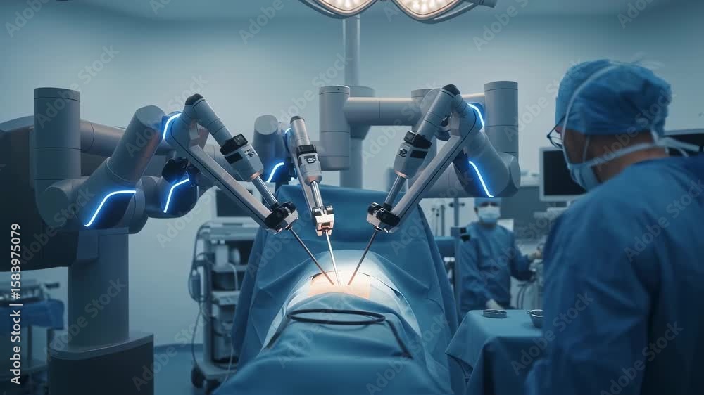 Poster advanced robotic arms performing a precise surgical procedure on a patient in a sterile and technolo