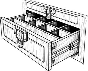 Toolbox drawer with inner dividers and latch in hand-drawn style