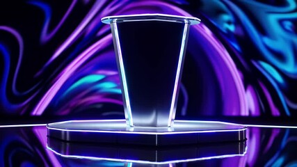 sci fi inspired podium stage illuminated by neon glows in cosmic purple tones floating platform designed for futuristic product presentation in tech cosmetics or fashion visuals modern display in - Powered by Adobe