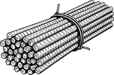 Rebar steel rod bundle with ribbed pattern in hand-drawn style