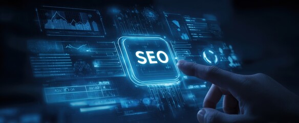 The hand interacting with dynamic SEO analysis dashboard on a digital screen