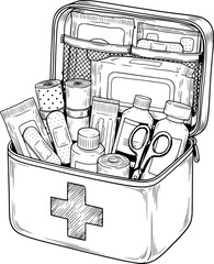 Well-stocked first aid kit in hand-drawn style