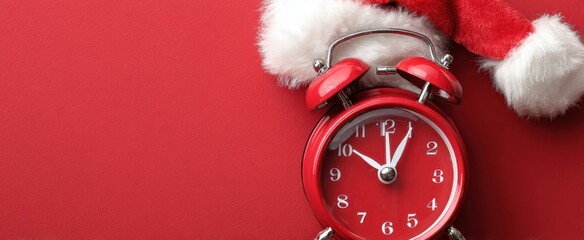 The red clock adorned with a Christmas hat celebrating the holiday season.