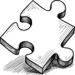 Rotated puzzle piece with engraved depth and soft 3D lines in hand-drawn style