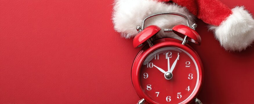 The red clock adorned with a Christmas hat celebrating the holiday season.