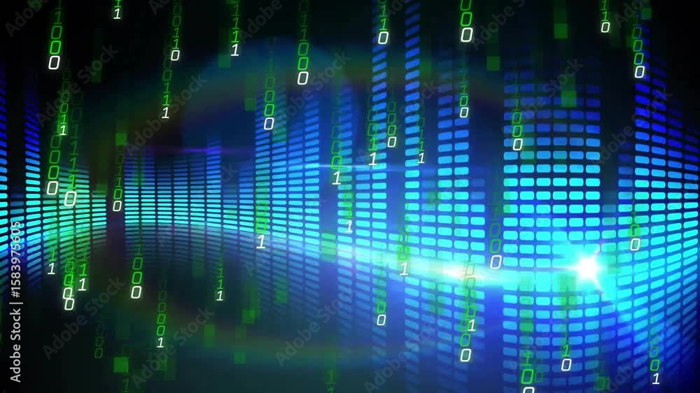 Aufkleber light streak initiating flares on pulsing blue bars while binary digits raining visualizing sound