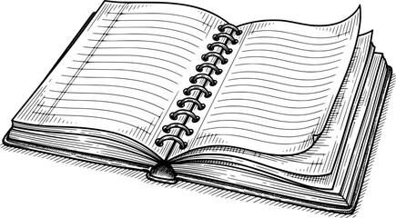 Open notebook with lined pages and spiral binding in hand-drawn style