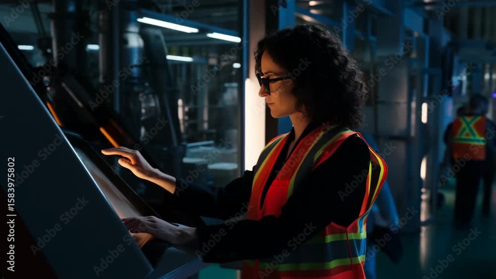 Poster female industrial engineer wearing safety vest uses touchscreen to control automated machinery in mo