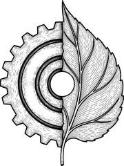 Gear merging with leaf in elegant symmetry in hand-drawn style