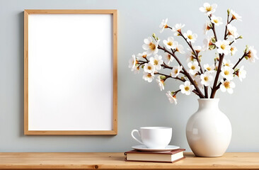 Minimal empty vertical and horisontal wooden picture frame mock up in white room interior with sun light and shadows