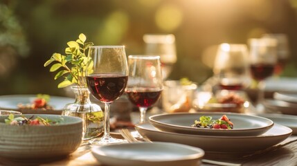 The elegant outdoor dining setup featuring wine and gourmet dishes in sunlight.