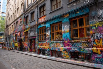 View of colorful graffiti artwork at Hosier Lane in Melbourne