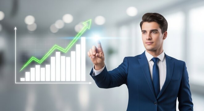 Businessman interacting with glowing green upward trending financial graph suit