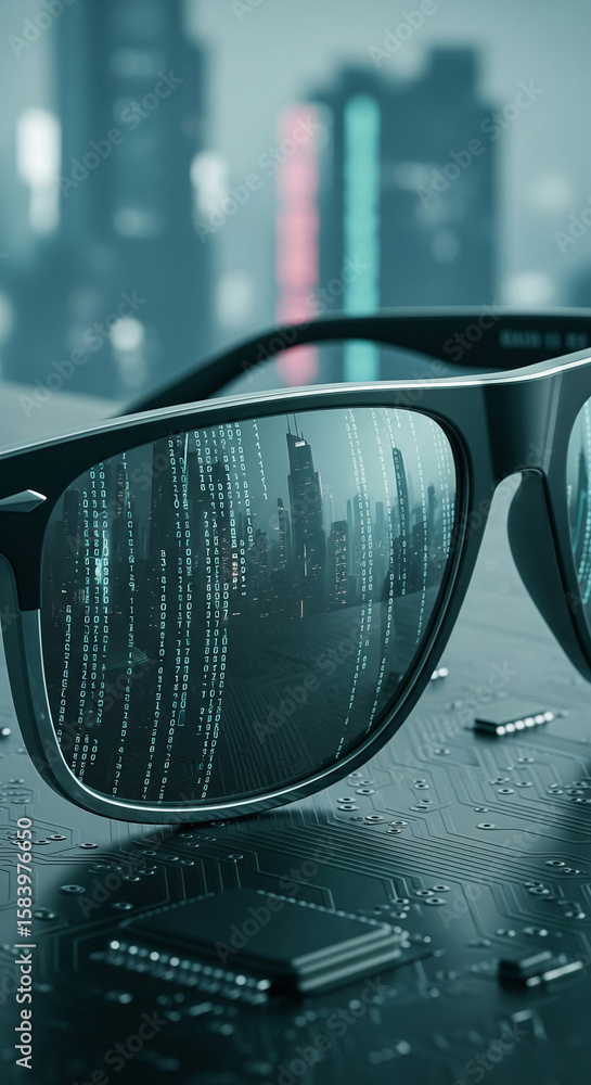 Poster sunglasses reflecting city skyline and binary code on circuit board, symbolizing technological advan