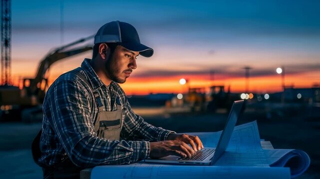 Focused construction worker utilizing a laptop at sunset on a bustling construction site, reviewing blueprints while heavy machinery looms in the background, showcasing dedication to the project