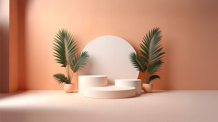 A sleek white platform rises gracefully amid lush tropical foliage, set against a warm peach background that whispers calm and elegance. A minimalist stage where nature meets design, perfectly framing