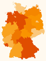 Obraz premium Map of Germany with regions. Just a simple country border map with region division. Orange color palette. Plain Germany shape with administrative division. Vector illustration.