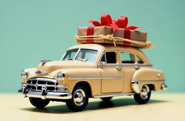 Vintage car, retro toy carrying gift box with bow, minimal pastel background