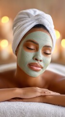 Tranquil spa escape woman relaxing with green clay mask and candles