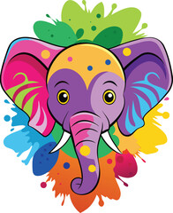 Vibrant cartoon elephant head adorned with colorful splashes and polka dots