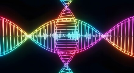 Abstract DNA helix design with spectrum of colors including red blue and green against a black background concept of science and technology