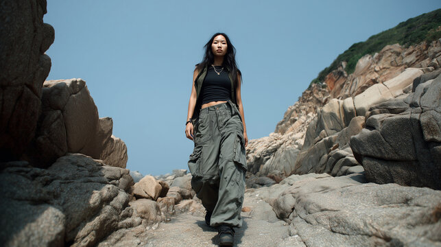 Asian nonconformist woman walking through rocky landscape in cargo pants, edgy and confident attitude, outdoor freedom concept
