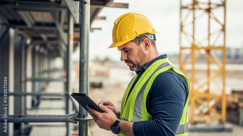 Poster construction engineer wearing safety helmet and vest using tablet on building site, checking project