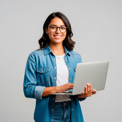 Smiling woman working on laptop wearing glasses