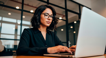 Professional woman working on laptop in modern office setting