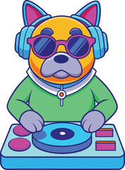 Cool cartoon bulldog dj wearing headphones and sunglasses playing music on a turntable