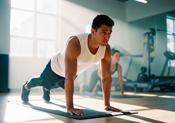 Man doing pushups at the gym working out and staying fit