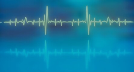 Fototapeta premium A stylized illustration showcases a glowing, light green electrocardiogram trace set against a dual-toned blue background with a reflective effect emphasizing health and technology concepts.