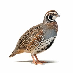 A photograph of a Common Quail perched delicately on a smooth, grey stone against a seamless white backdrop. 