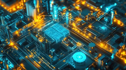 An intricate, illuminated network of interconnected industrial structures.
