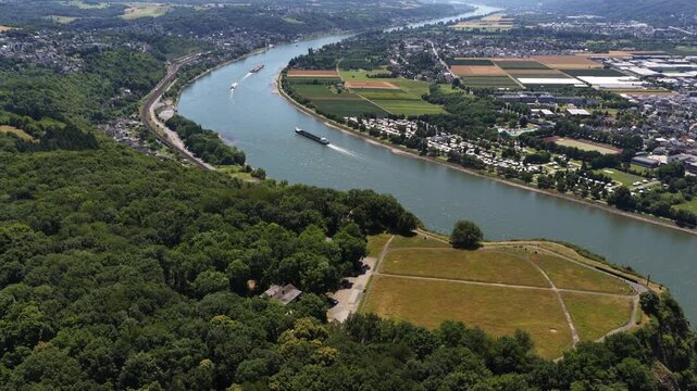 Ludendorff Bridge, WW2 icon, Remagen bridge, rhine river. Aerial video. World war 2 memorial and museum.