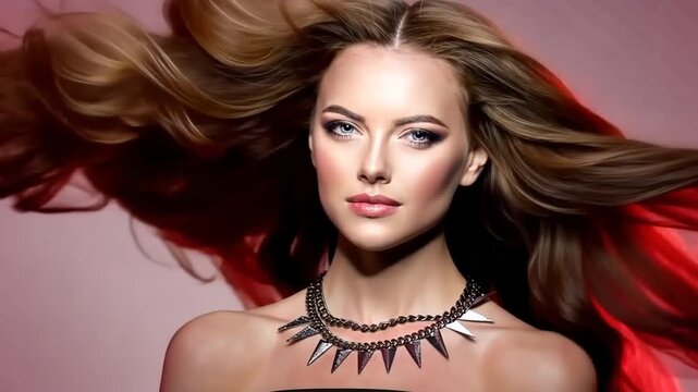 Woman high fashion model with luxurious long healthy wavy, voluminous hair in Colorful Bright Lights. Beautiful girl with necklace of chains. Ledy in rock and roll style on colourful vivid red backgro