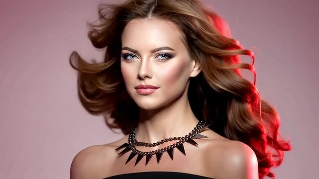 Woman high fashion model with luxurious long healthy wavy, voluminous hair in Colorful Bright Lights. Beautiful girl with necklace of chains. Ledy in rock and roll style on colourful vivid red backgro