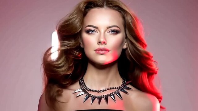 Woman high fashion model with luxurious long healthy wavy, voluminous hair in Colorful Bright Lights. Beautiful girl with necklace of chains. Ledy in rock and roll style on colourful vivid red backgro