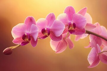 Obraz premium A beautiful close-up of a blooming orchid branch with soft pink petals against a warm, golden background.