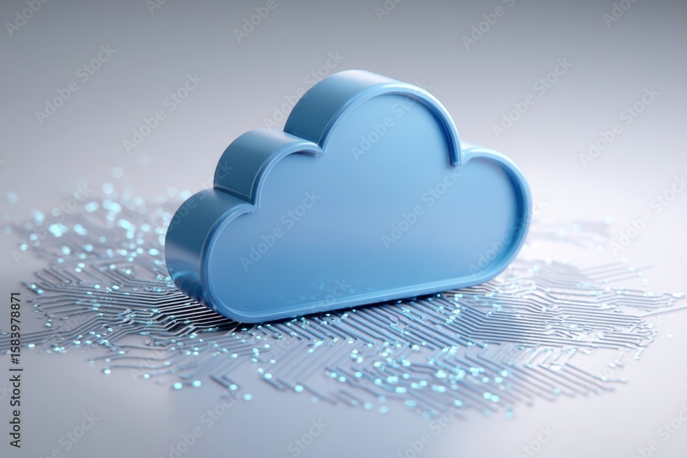 Poster 3d render of a blue cloud icon on a white background with circuit board elements symbolizes the idea