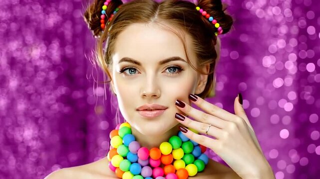 Bright girl model holding hands with manicure on her face. Beautiful, stylish, young woman in a candy doll style with massive beads around her neck