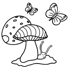 snail and mushroom line art kids coloring page
