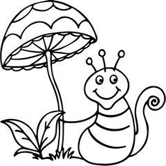 snail and mushroom line art kids coloring page